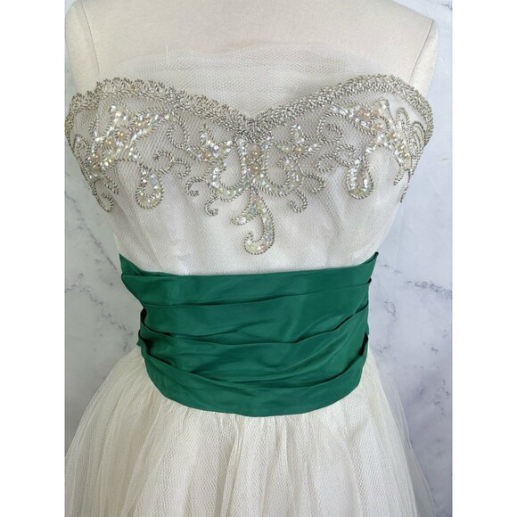 Vintage 1950s Cupcake Prom Dress SZ XS Gown Tulle Strapless white green sequence - Picture 3 of 16